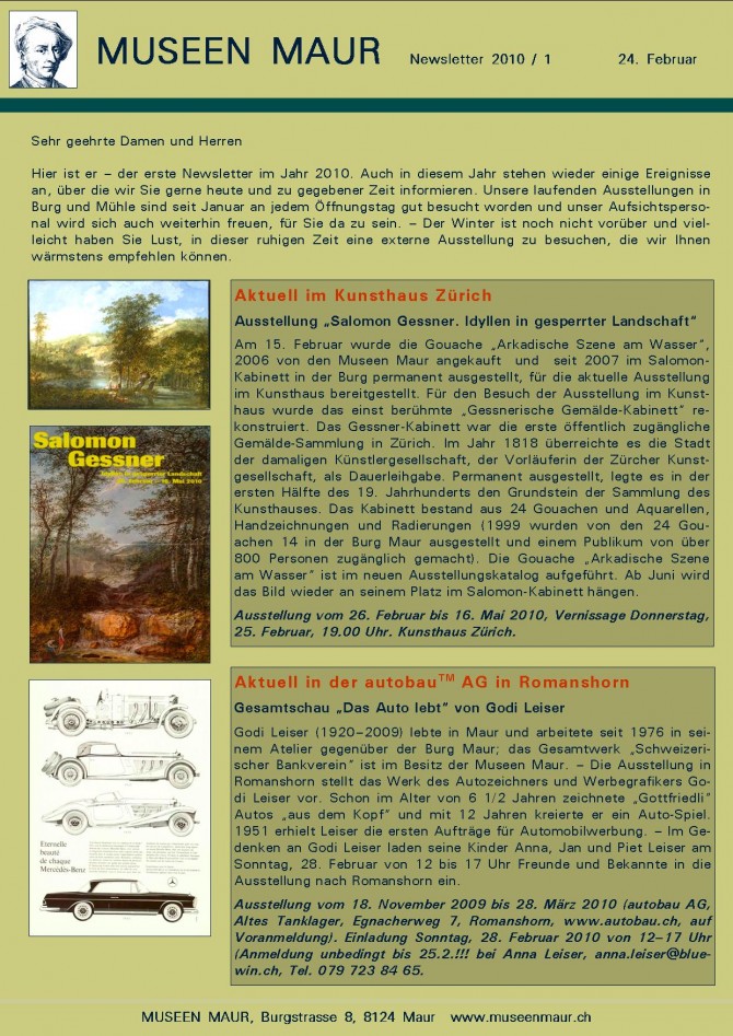 Newsletter MUSEEN MAUR. Zu bestellen unter www.museenmaur.ch oder info@useenmaur.ch.